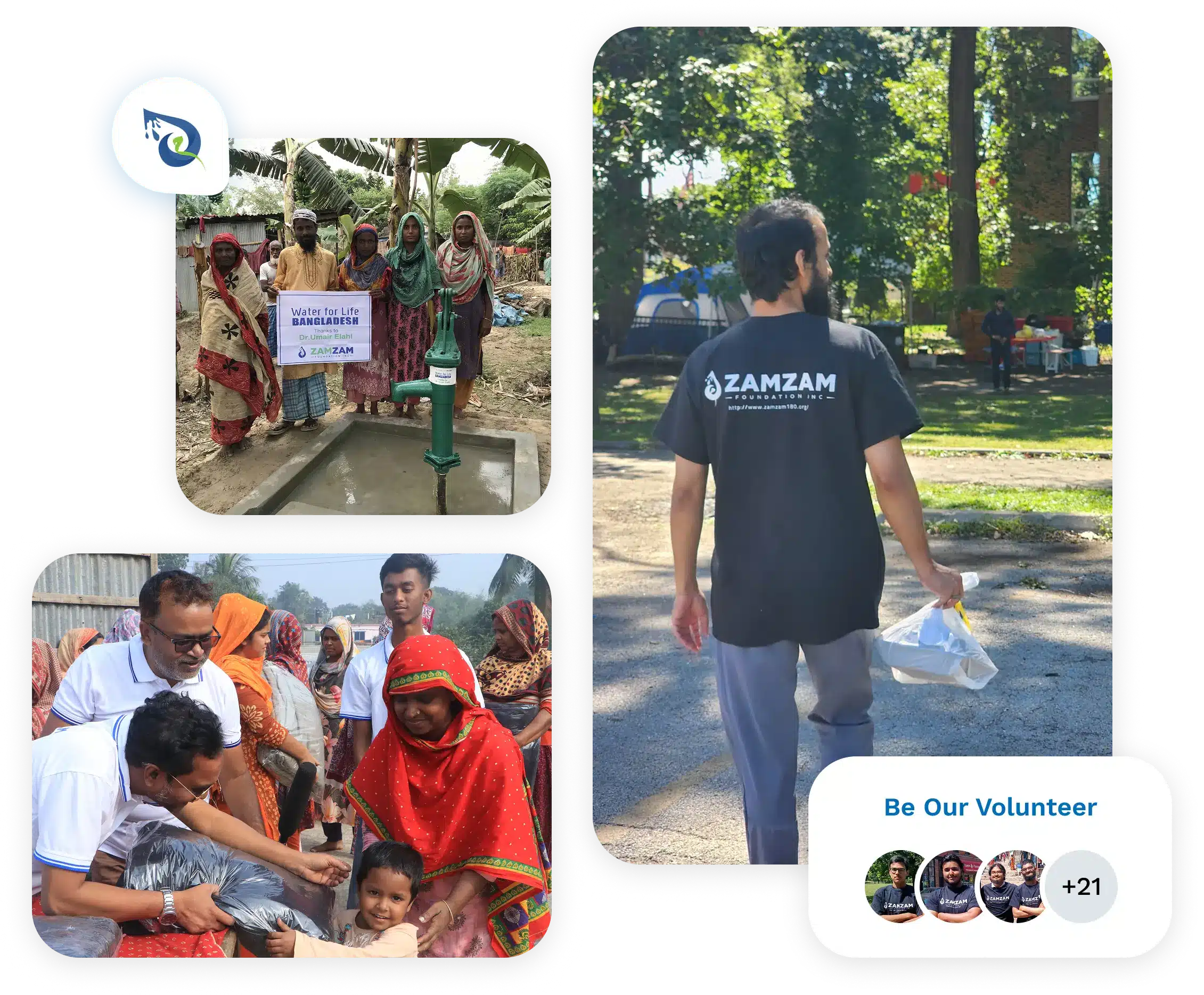 Zam Zam Foundation volunteers at a new well and distributing aid, and a volunteer carrying supplies
